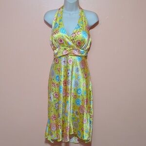 4U Design USA Halter Sun Dress Babydoll Fairy Coquette Satin Floral Belted XL